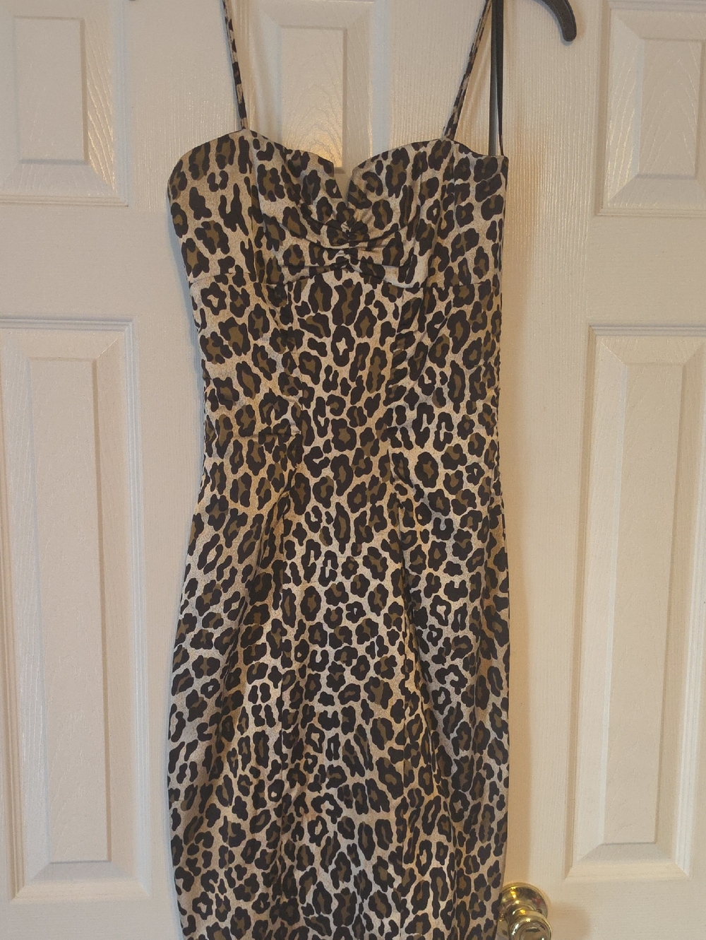 Cache' Spaghetti Strap Leopard-Print Bodycon Dress in Tan & Black